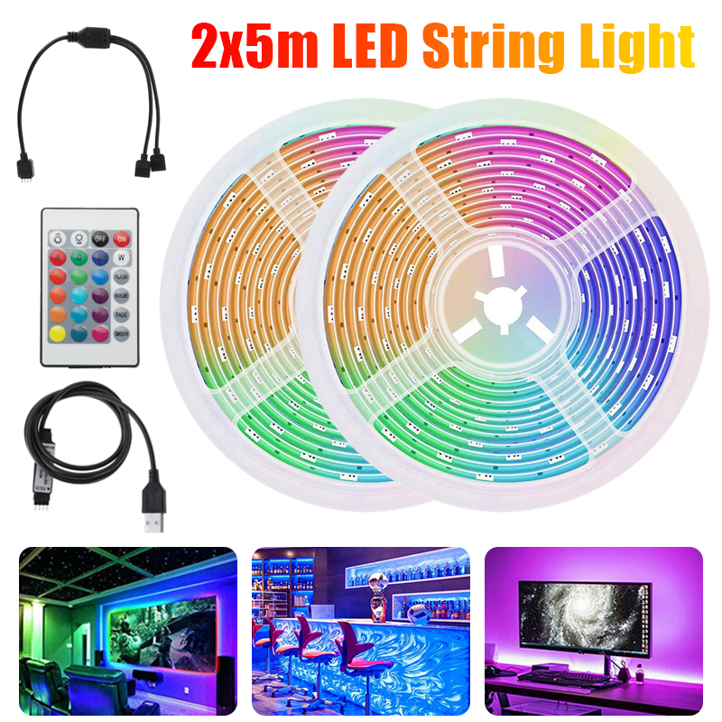 2x5M 2835 SMD Non-waterproof RGB LED Strip Light 24Keys Remote Control KTV Hotel Bar Home TV Back Lighting