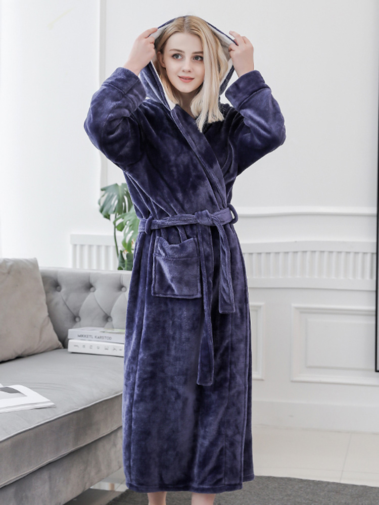 

Winter Longline Hooded Long Sleeve Flannel Bath Robe Nightgown