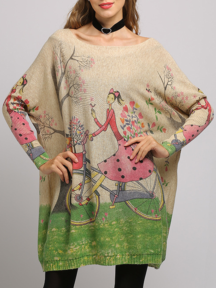 

Plus Size Cartoon Girl Print Batwing Sleeve Knitted Sweaters