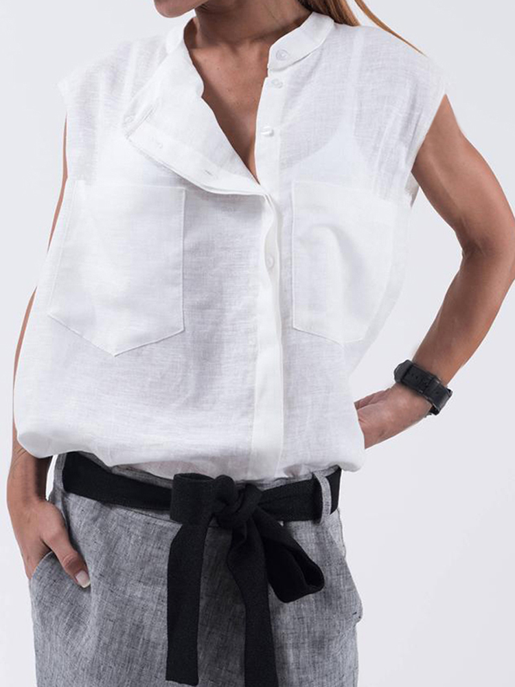

Women Sleeveless Stand Collar Solid Casual Shirts