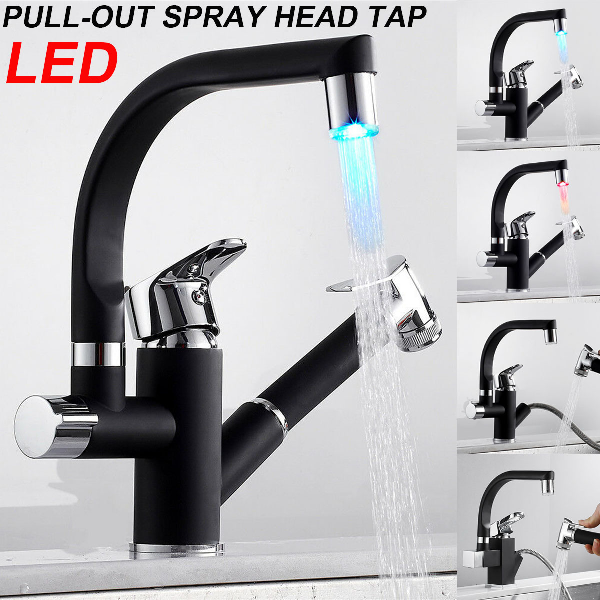 1pc Kitchen Sink Mixer Taps 360° Swivel Spout With Pull Out Spray Faucet  1 Hose
