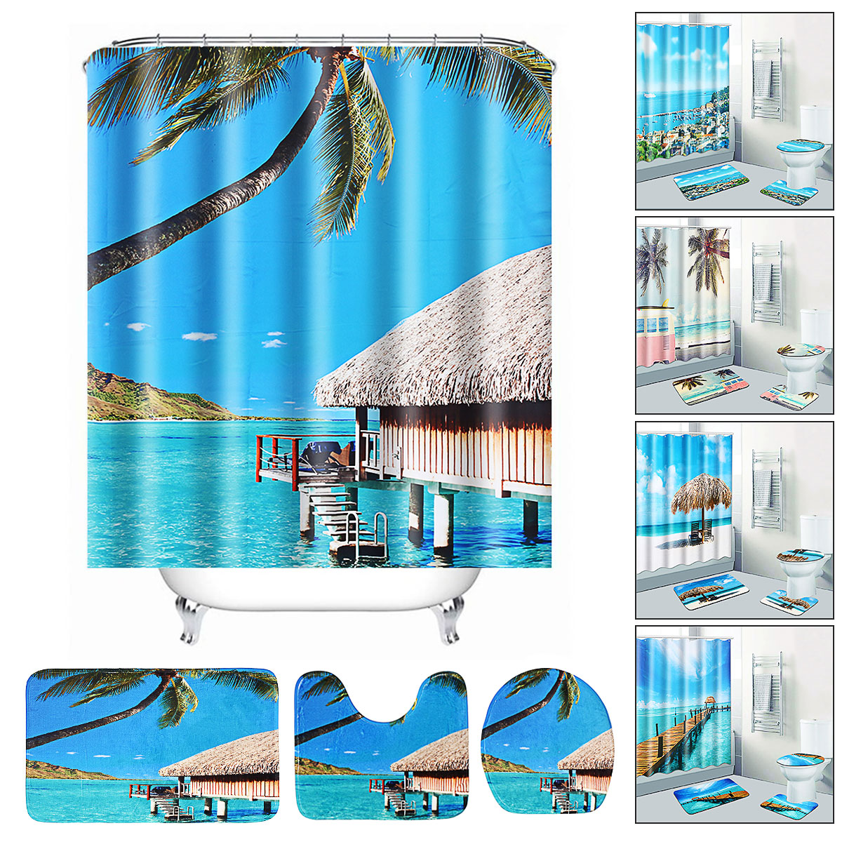 

Beach Sea Waterproof Non Slip Bathroom Shower Curtain Toilet Cover Mat Rug Set 5