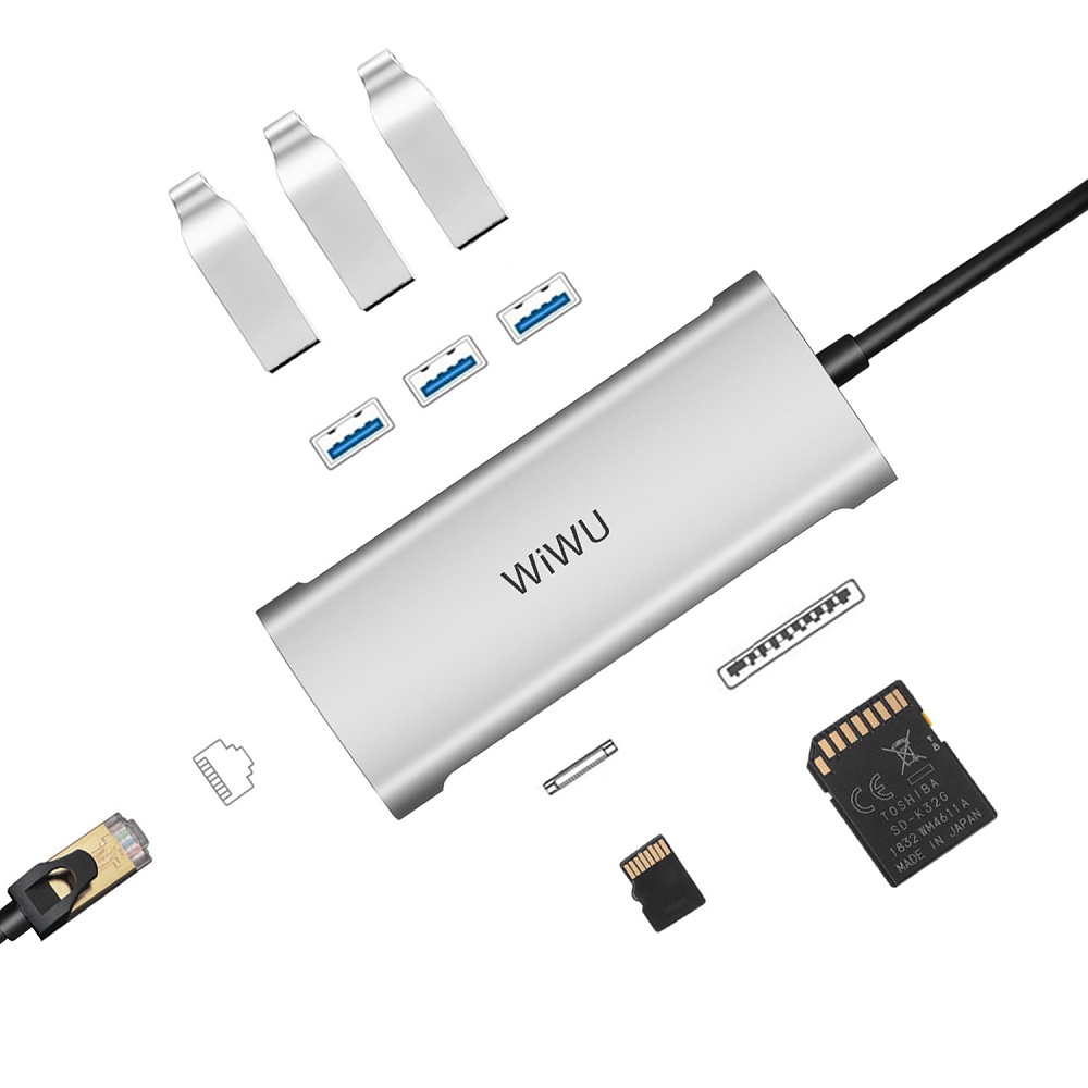 

WIWU A631 Alpha 6 in 1 Type C to 3-Prot USB 3.0 SD TF Card Reader RJ45 Converter Multifunctional HUB Adapter