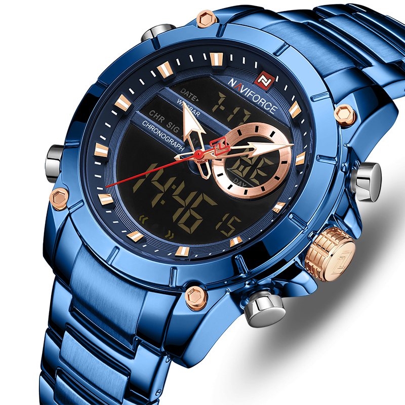 

NAVIFORCE 9163 Waterproof Alarm Business Style Dual Display Watch Full Steel Quartz Watch