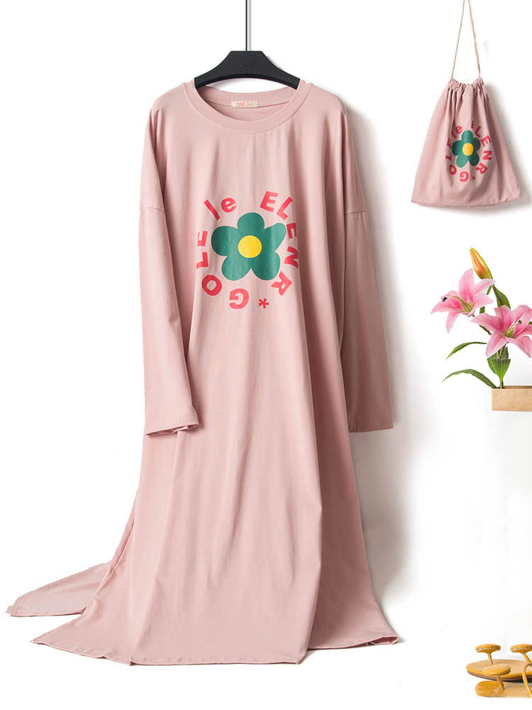 

Plus Size Long Sleeve Printed O Neck Comfy Nightgown