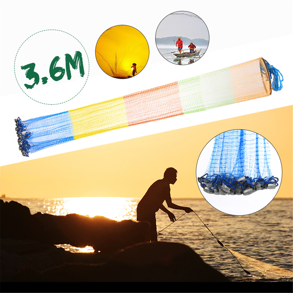 

ZANLURE 3.6m 12FT Colorful Throw Hand Cast Fishing Net Spin Network Bait Fish Net+Sinker