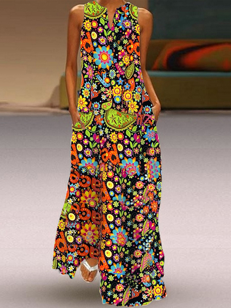 

Женский V-образный вырез без рукавов с цветочным принтом Maxi Платье