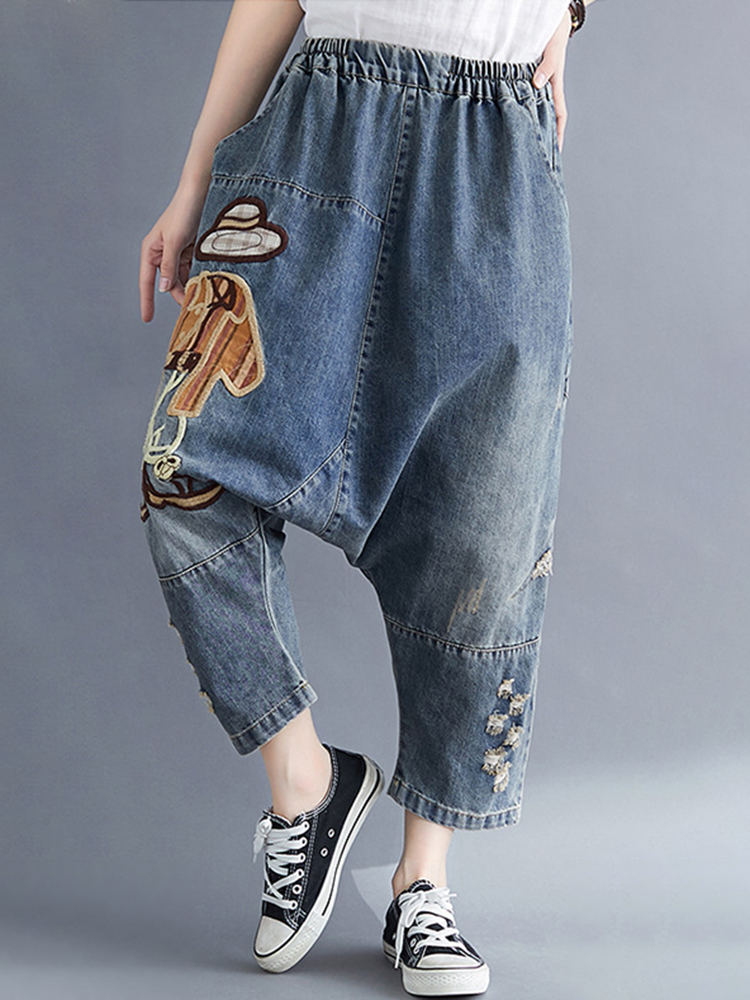 

Мультяшная джинсовая вышивка с высокой талией Джинсы