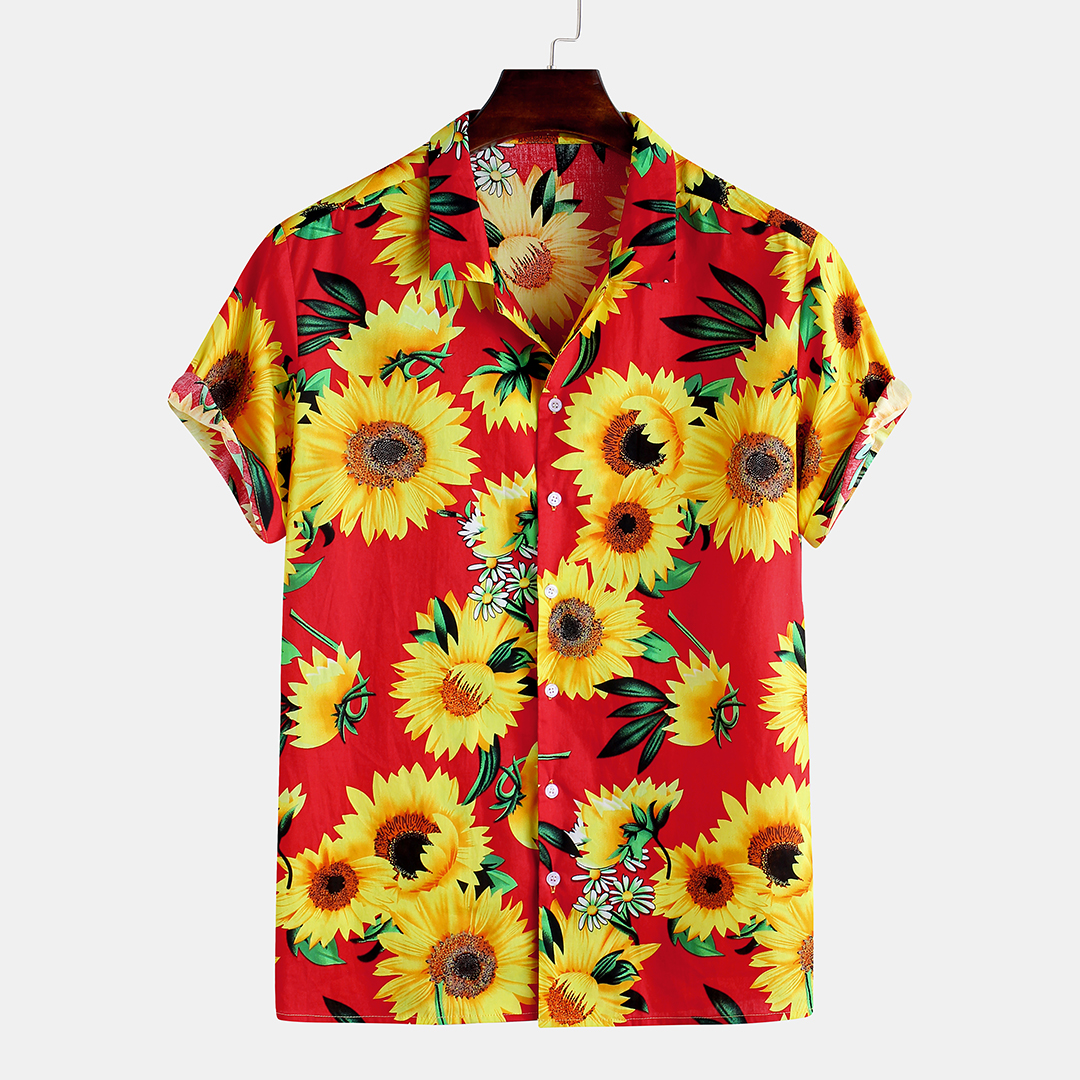 

Men Sunflower Printed Hawaiian Style Cotton Short Sleeve