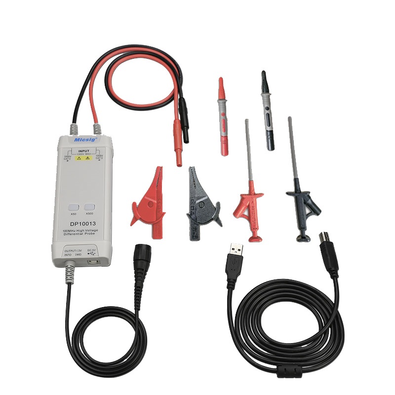 

Micsig DP10013 100MHz 3.5ns Rise Time 50X/500X Attenuation Rate Oscilloscope High Voltage Differential Probe Kit 1300V