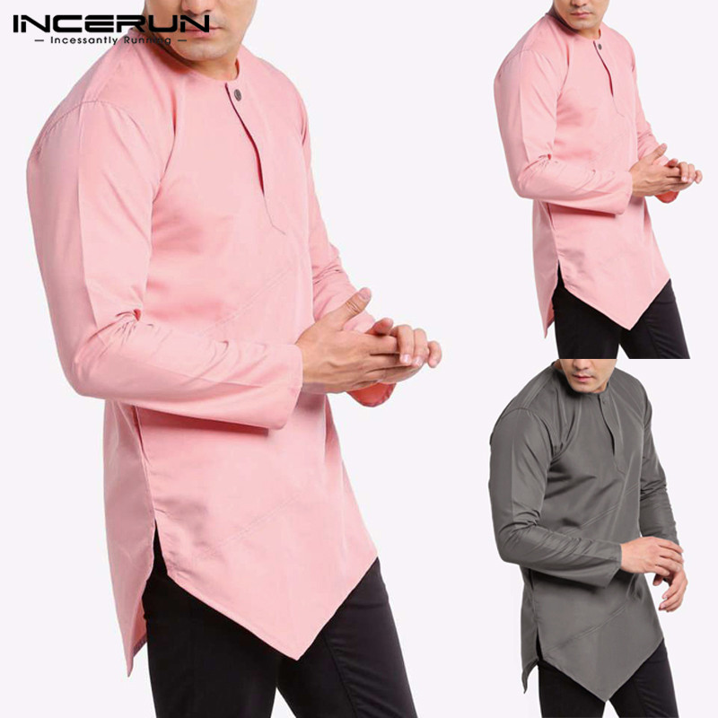 

Men's Long Sleeve Casual Shirt Button Neck Loose Irregular Hem Tops Oversize Tee