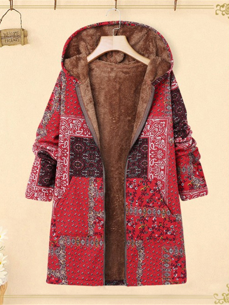 

Contrast Color Patchwork Flower Print Thick Hooded Coats