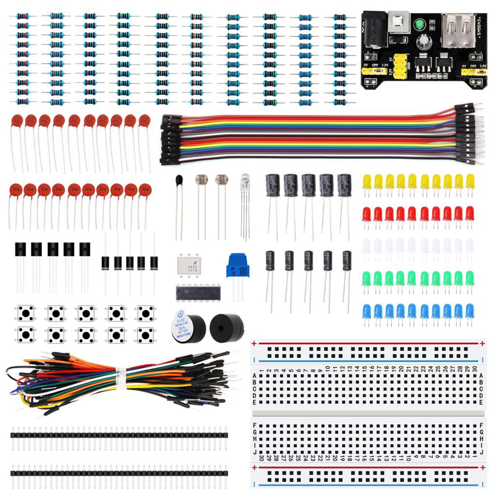 

Electronics Component Basic Starter Kits with 400 Tie-points Breadboard Cable Resistor Capacitor LED Potentiometer