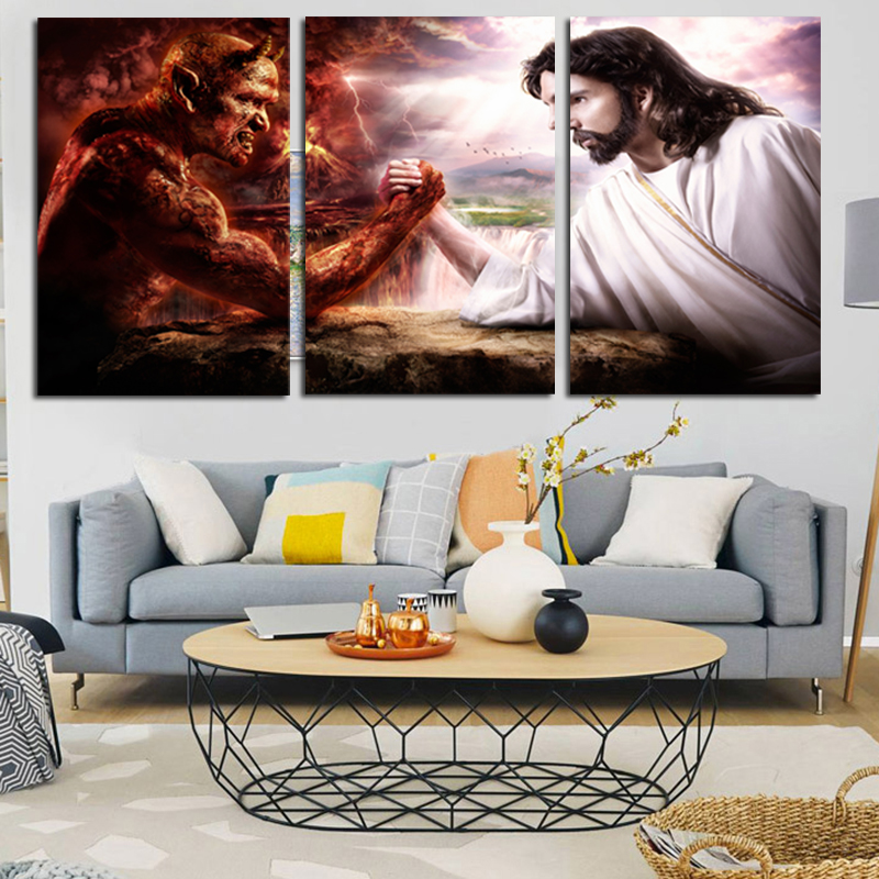 

Miico Hand Painted Three Combination Decorative Paintings Satan and Jesus Wall Art For Home Decoration