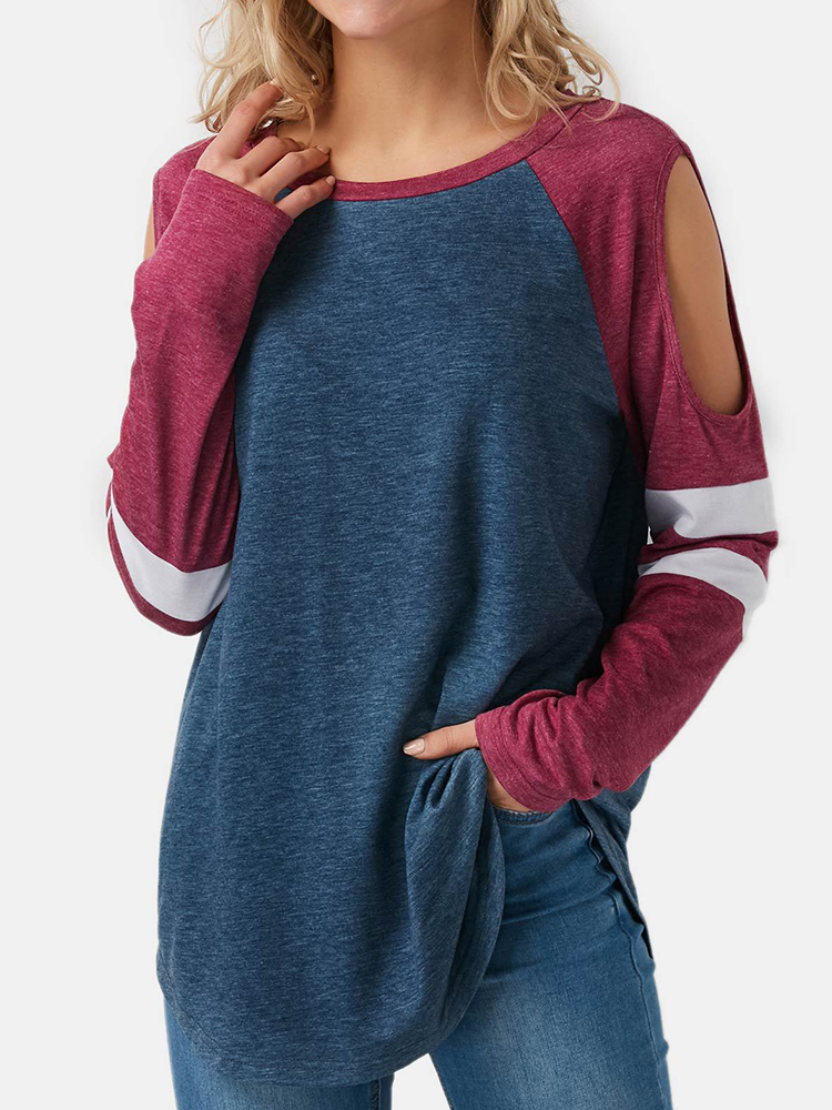 

Casual Strapless Long Sleeve O-neck Two-tone Loose T-shirts