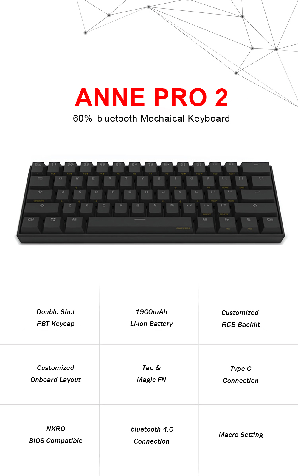 [Kailh BOX Switch]Obins Anne Pro 2 60% NKRO bluetooth 4.0 Type-C RGB Mechanical Gaming Keyboard 6