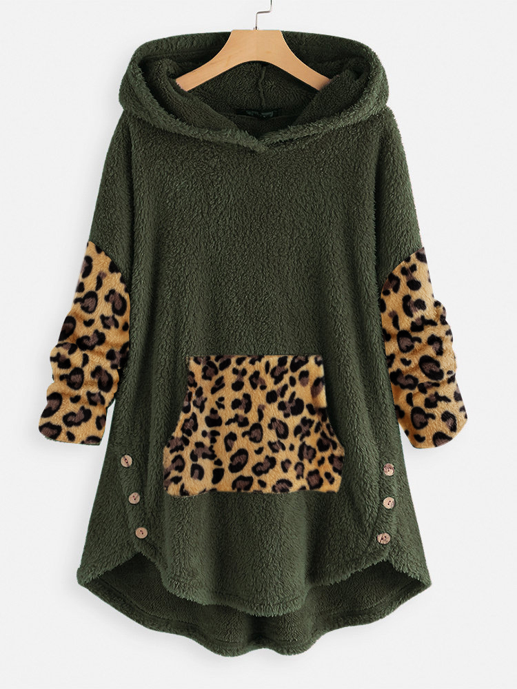 

Leopard Splice Irregular Hem Hooded Fleece Sweatshirt Coats