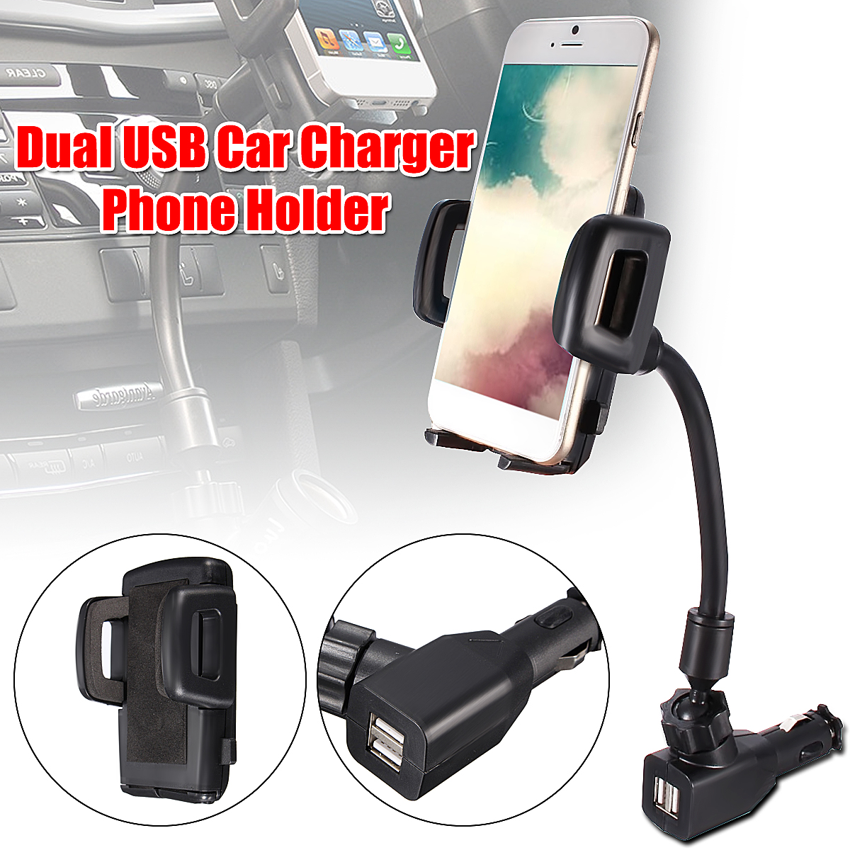 Everpert Universal Car Phone Stand Holder 2-Port USB Charger for iPhone 5 6 Samsung 