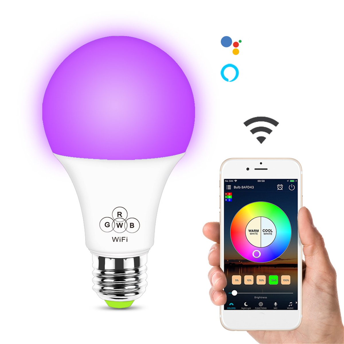 

6.5W E27 RGB+White WIFI Smart LED Light Bulb Remote Voice Control Lamp Work With Alexa Google Home AC100-240V