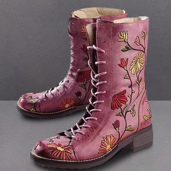 

LOSTISY Women Flower Embroidered Chunky Heel Ankle Boots