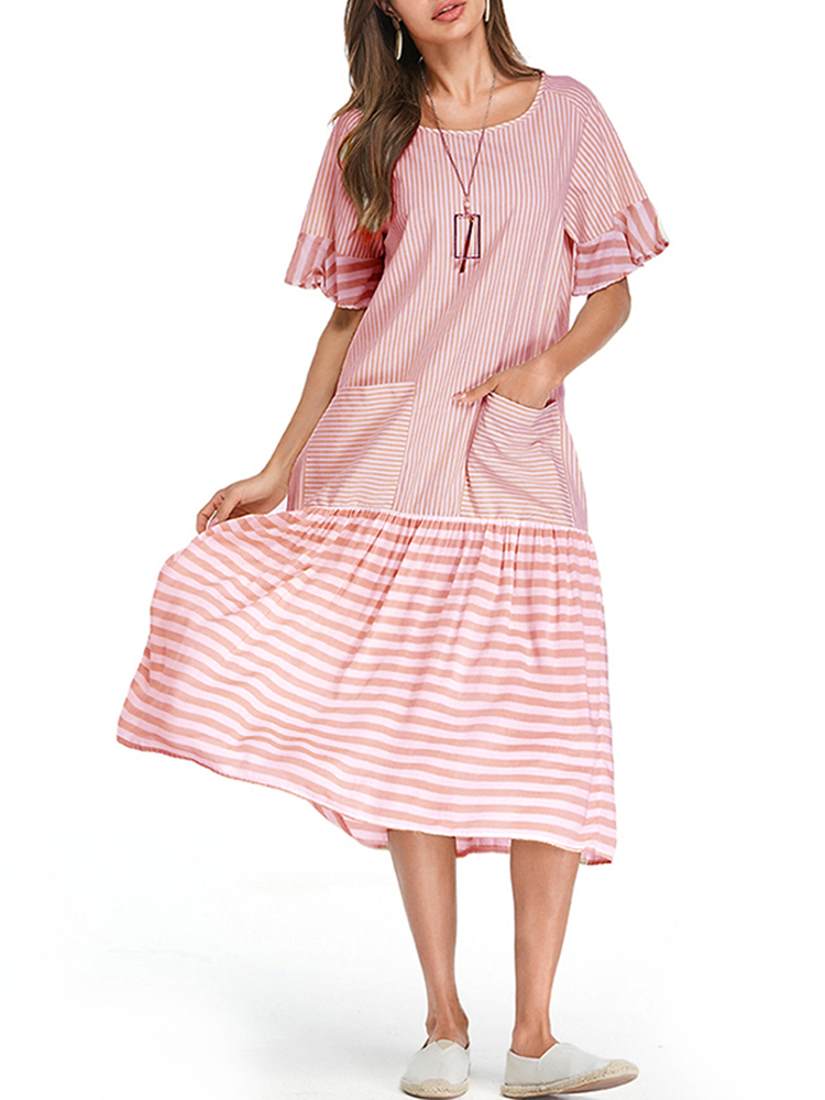 

Women Flare Sleeve Striped Vintage Plain Shirt Dress