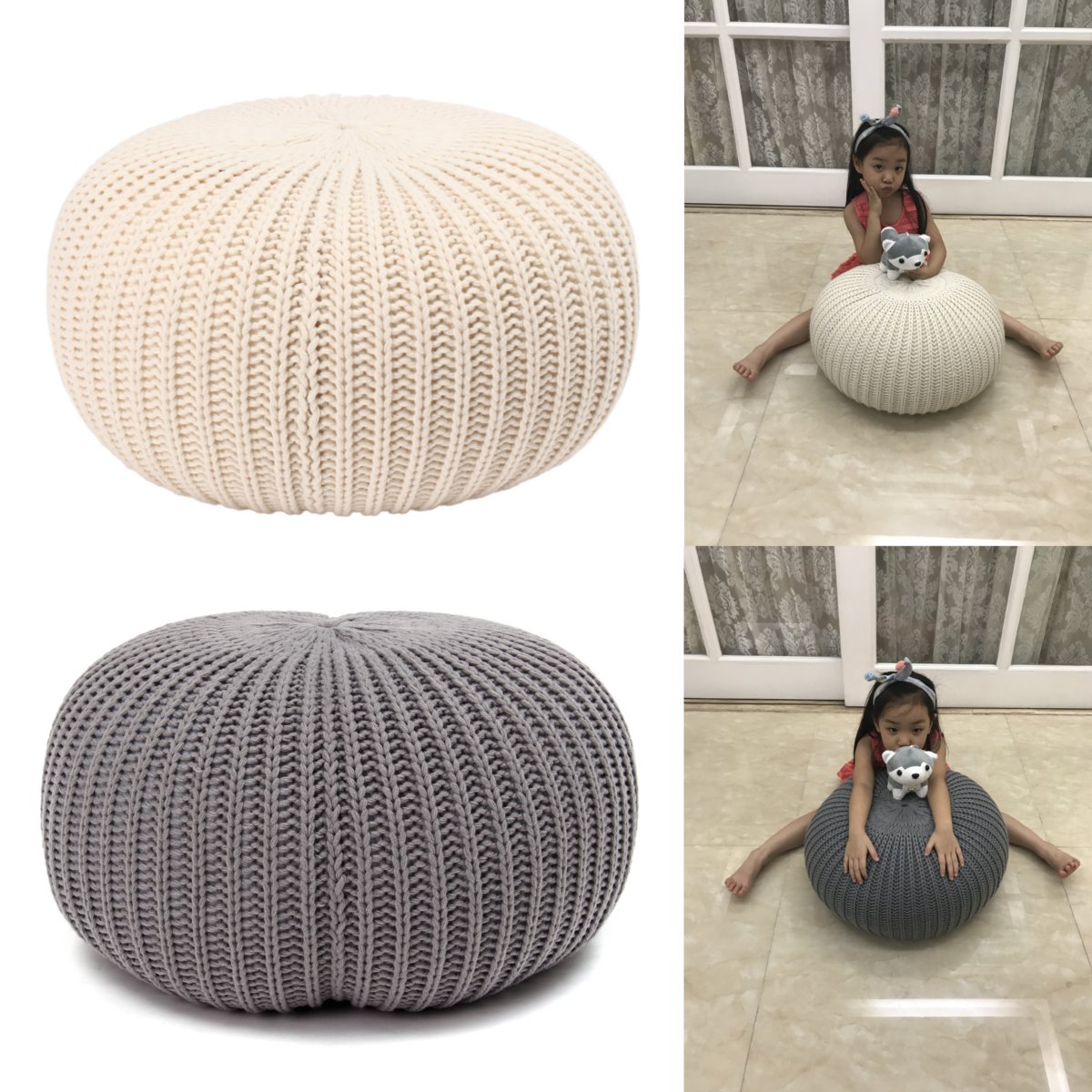 

40x30cm Round Chunky Knitted Footstool Ottoman Pouffe Fabric Sofa Foot Stool Seat