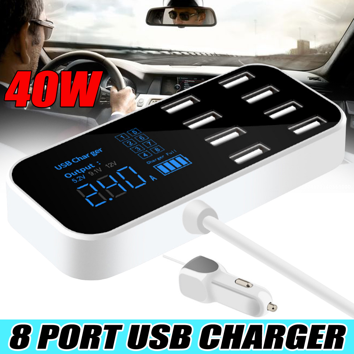 5V 8A 40W Smart USB Car Display USB Charger Adapter 8 Ports LED Digital Display Charging Station