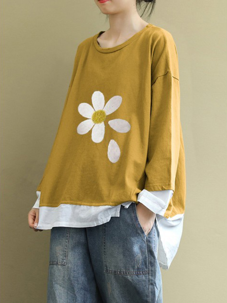 

Plus Size Flower Print Splice Irregular Hem Sweatshirt