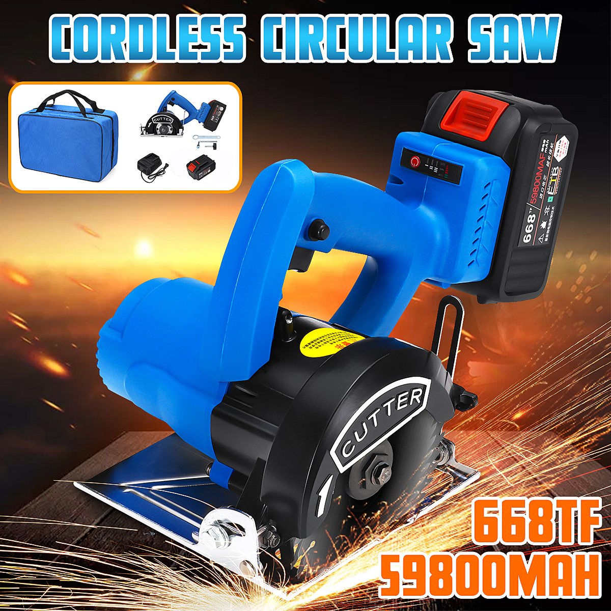 668TF 59800mAh 1500W Cordless Circular Saw Electric Brushless Saw Blade Saw Woodworking Tools Rechargeable Metal Tile Cutting Machine Saws 12