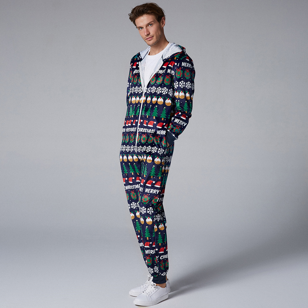 

Mens Christmas Pattern Onesies Hooded Pajamas Set
