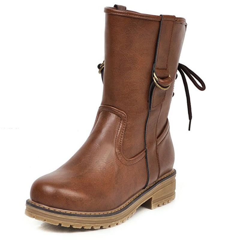 

Women Large Size Retro Strappy Mid Calf Boots