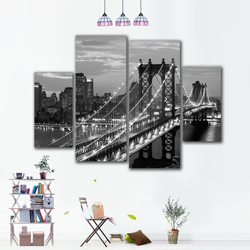

Miico Hand Painted Four Combination Decorative Paintings New York Bridge Wall Art For Home Decoration