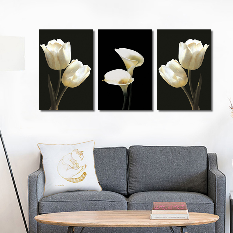 

Miico Hand Painted Three Combination Decorative Paintings Botanic White Flower Wall Art For Home Decoration