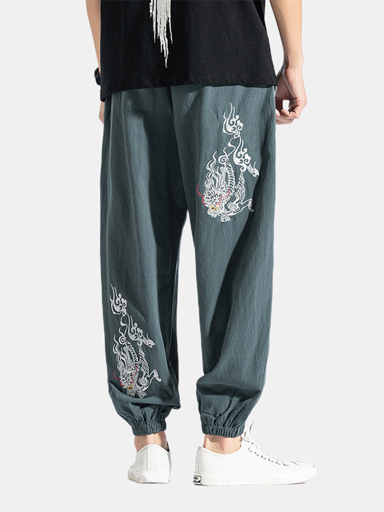 

Men's New Chinese Style Embroidery Casual Trousers Retro Lar