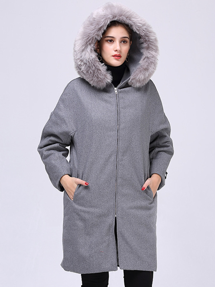 

Plus Размер Повседневный Женское Faux меховой воротник с капюшоном шерстяные пальто