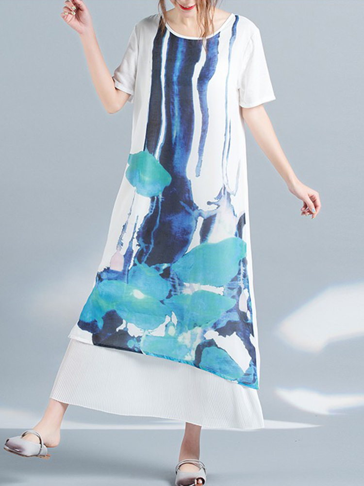 

Casual Women Scoop Neck Printed Short Sleeve Layered Maxi Dress