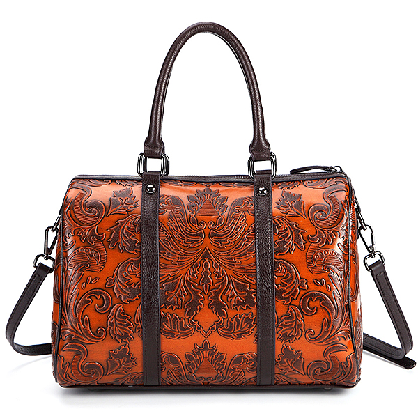 

Brenice Genuine Leather Women Shoulder Bag Vintage Brush Color Embossed Craft Handbag