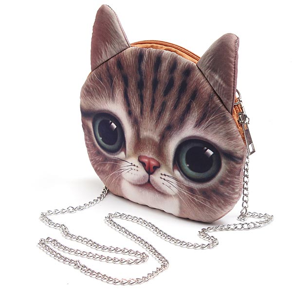 Women Cute Cartoon Cat Head Pattern Shoulder Bag Chain Cross Body Bag