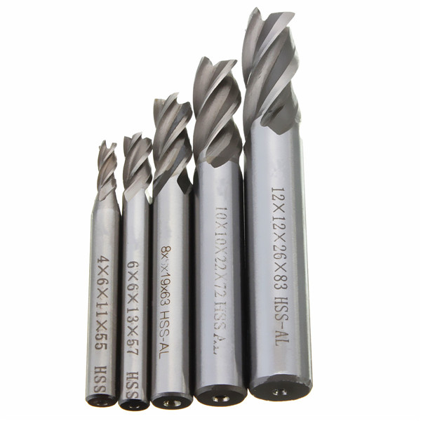 Drillpro DB-M2 5pcs 4/6/8/10/12mm 4 Flute End Mill Cutter HSS Straight Shank Drill Bits