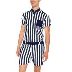 INCERUN Men Casual Jumpsuit Personality Cool Overalls Short Sleeved Romper Man Striped Jumpsuits