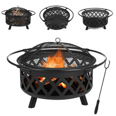 Portable Brazier Large Iron Fire Burn Pit Round Fire Bowl Outdoor BBQ Camping Mesh Cover Stove Grill Garden Terrace Incinerator