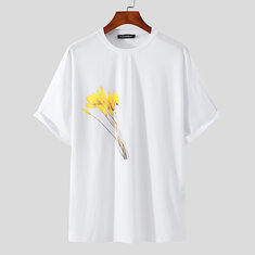 Men T-shirt Loose Flower Printed Breathable Short Sleeve Soft Blouse Tee Outdoor Hiking