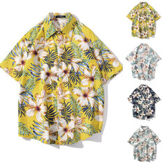 قميص هاواي رجالي في الهواء الطلق بأكمام قصيرة مطبوع عليه أزهار أنيقة طية صدر السترة فضفاضة Camisas Hombre قمصان غير رسمية للشاطئ