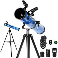AOMEKIE reflectortelescopen voor beginners in astronomie en volwassenen van 76 mm / 700 mm met telefoonadapter, draadloze Bluetooth-controller, statief, zoeker en maanfilter.