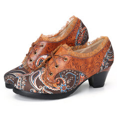 Кожа GRACOSY Сандалии для Женское Оксфорд Платье Туфли ручной работы на среднем каблуке со шнуровкой в стиле ретро на блочном каблуке