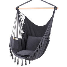 Hangstoel met touw en een maximale belasting van 330 pond/150 kg. Inclusief 2 kussens en is een grote hangstoel met kwastjes en zak.