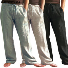 Рубашки из хлопка и льна для мужчин, прямые брюки, свободные брюки, эластичный пояс, спортивные брюки, открытый фитнес-треккинг
