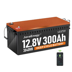 [US Direct] JavaEnegy 12V 300Ah 3840Wh LiFePO4 Battery With Bluetooth&App Monitor with Heating Function Built in 200A BMS, 4000+ Deep Cycle Perfect Replace for Solar Wind Storage System RV Marine Off-Gird Lithium Battery