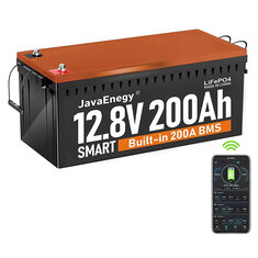 [US Direct] Bateria JavaEnegy 12V 200Ah Lifepo4 z monitorowaniem Bluetooth&APP Wbudowany BMS 200A z funkcją grzewczą Pakiet baterii litowo-żelazofosforanowe do magazynowania energii słonecznej, EV RV Boat na 12V 24V 48V