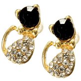 Lovely Full Rhinestone Black Gold Cat Stud Earrings For Women